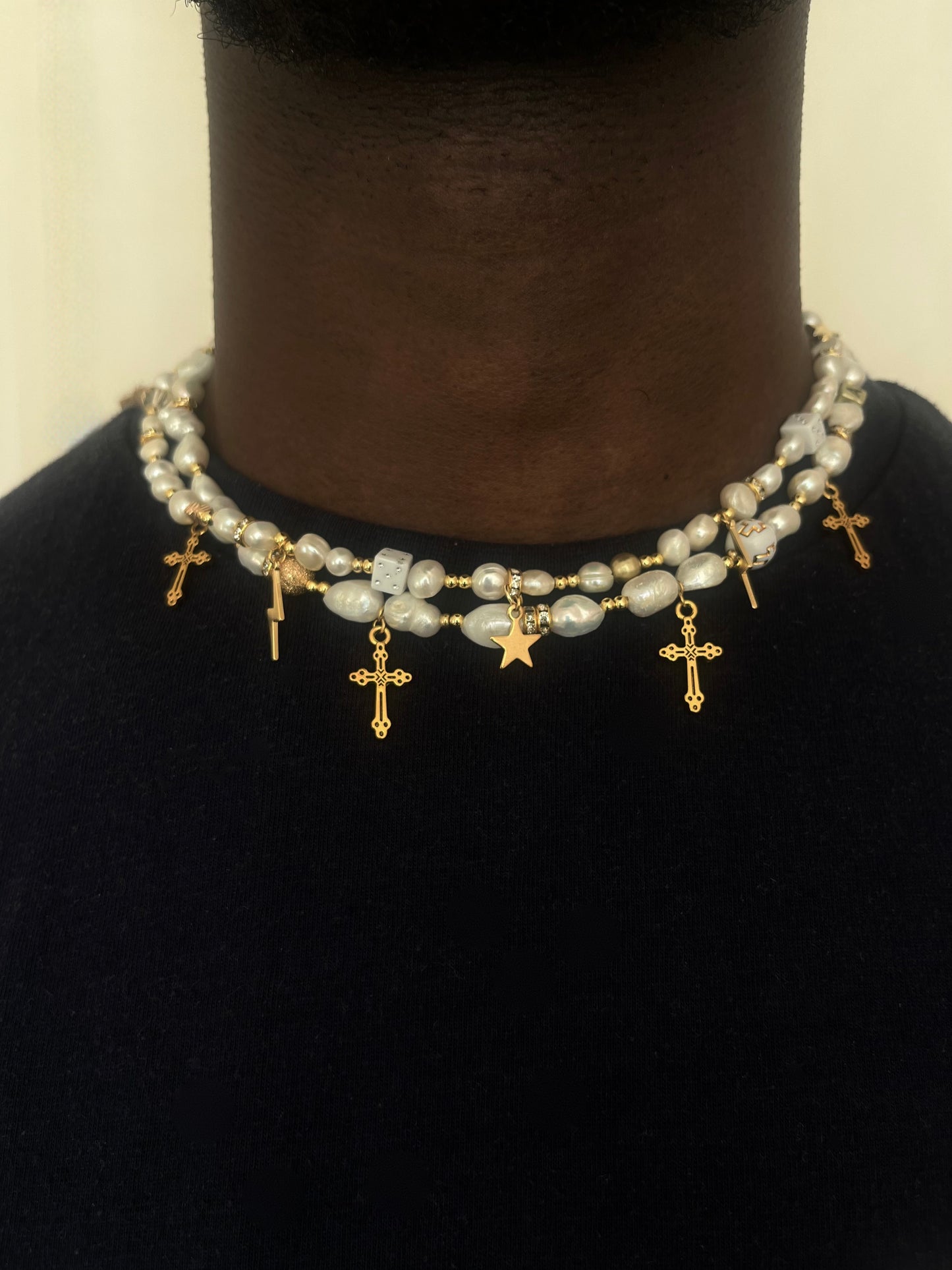 x2 Freshwater Pearl Necklaces Gold (Mixed Charms) - White/Gold