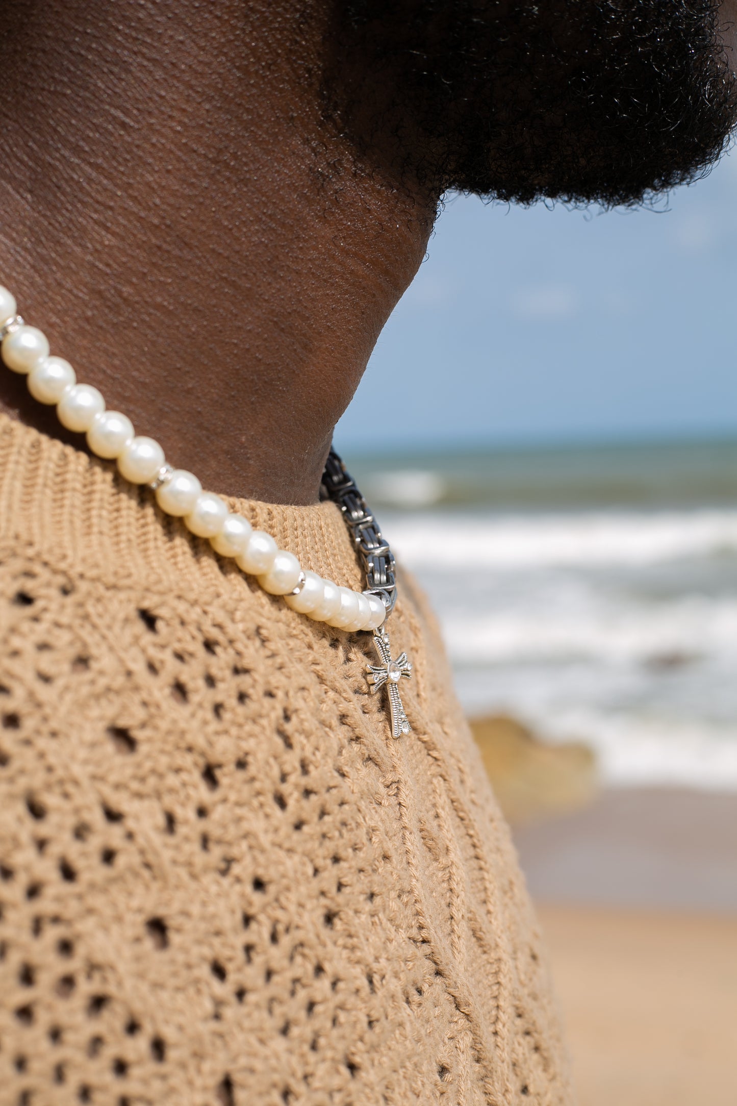 Pearl & Chain Cross Pendant Necklace