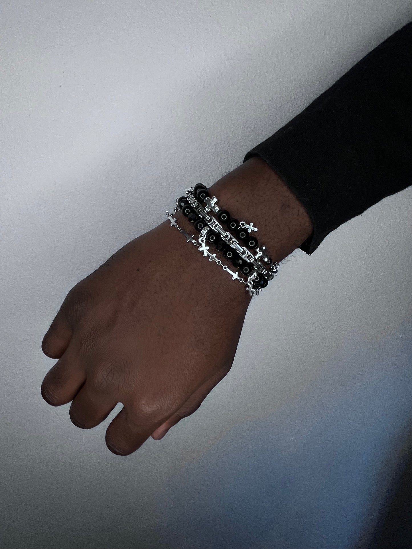 Cross Charms Black Bead Bracelet 2 - Black/Silver