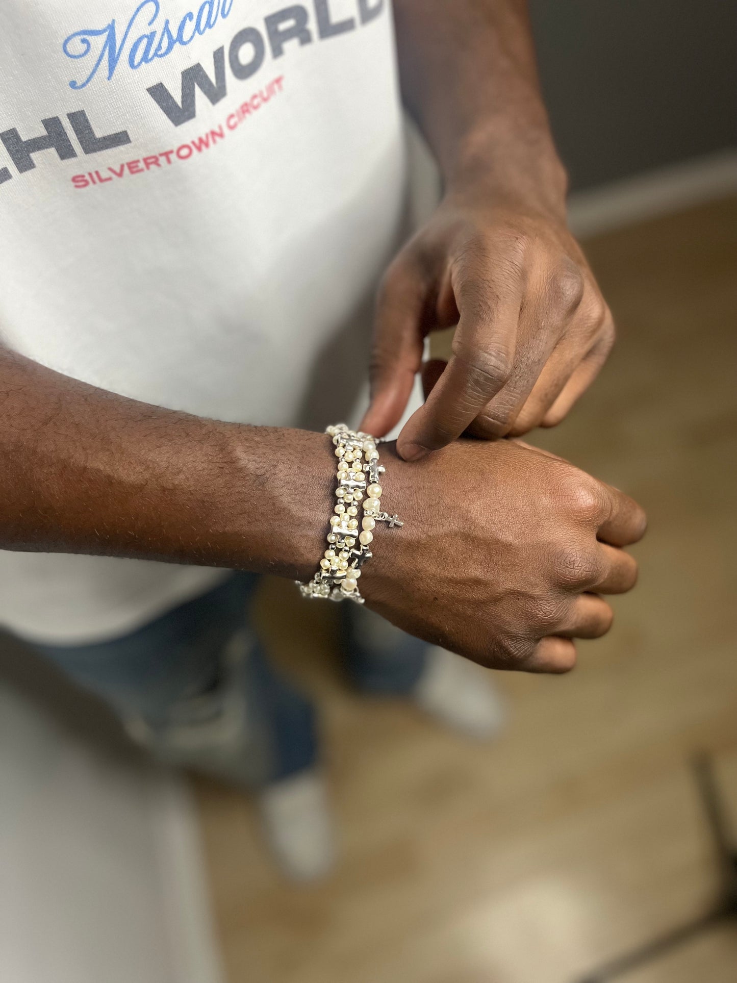 Multi-Bead Cross Bracelet - White/Silver