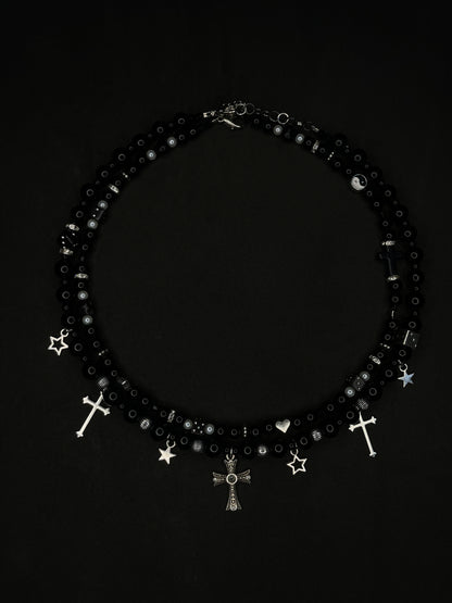 x2 Star & Cross Pendant Black Pearl Necklaces