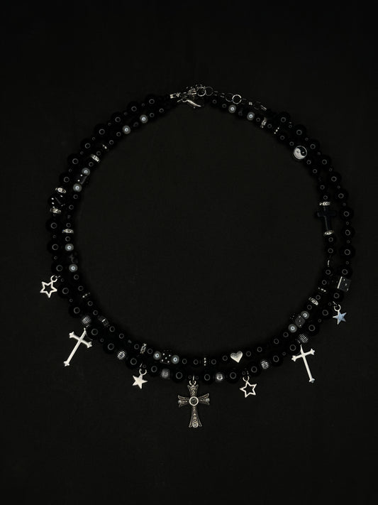 x2 Star & Cross Pendant Black Pearl Necklaces