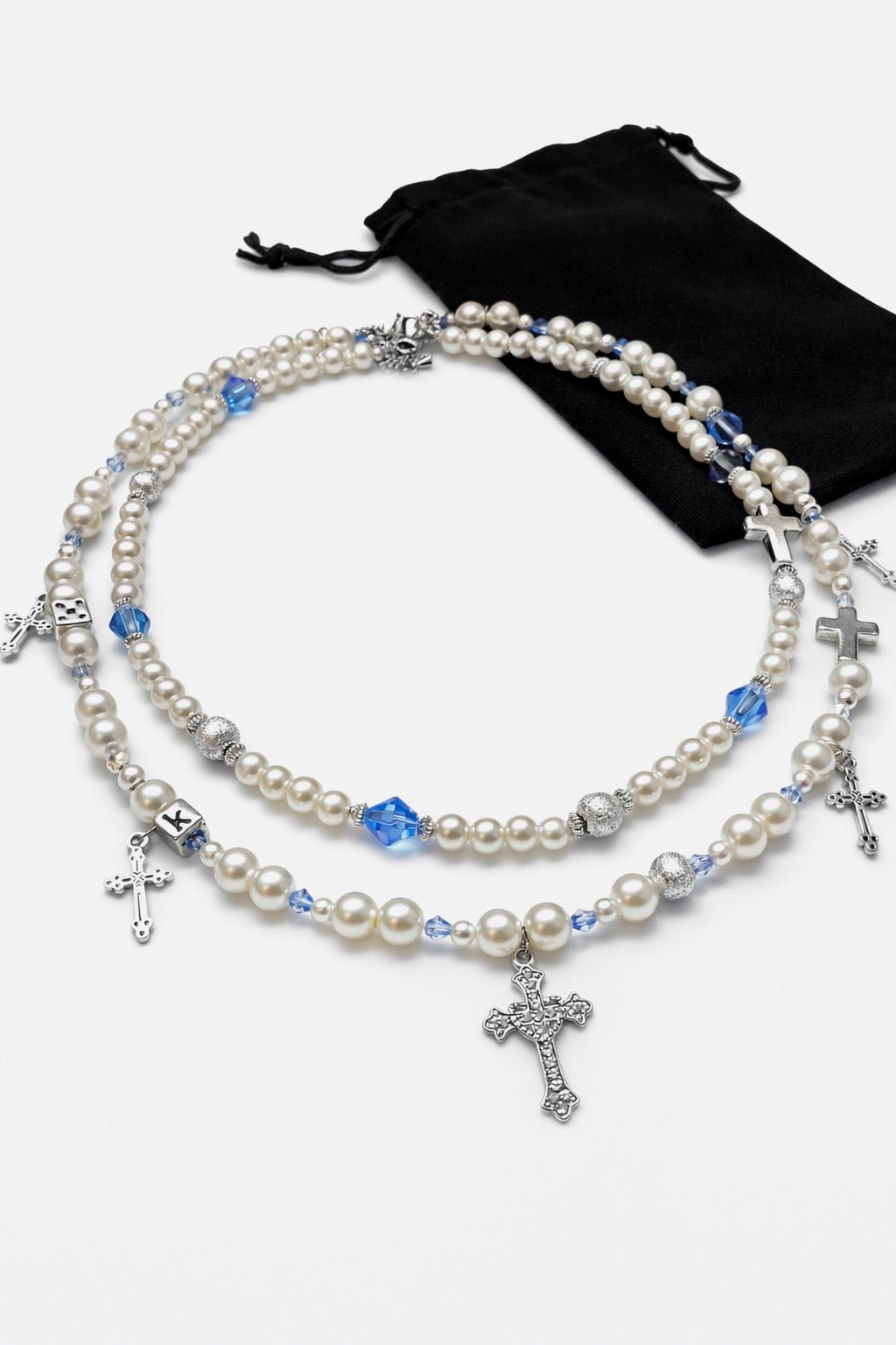 x2 Cross Pendant Pearl Necklaces - White/Blue