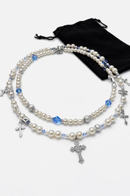 x2 Cross Pendant Pearl Necklaces - White/Blue