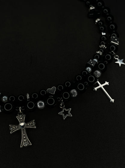 x2 Star & Cross Pendant Black Pearl Necklaces