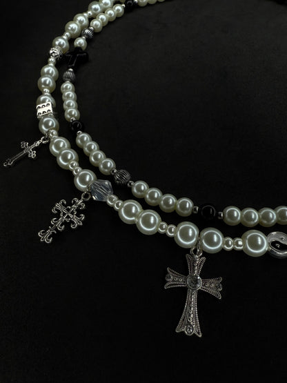 x2 Cross Pendant Pearl Necklaces - White/Black