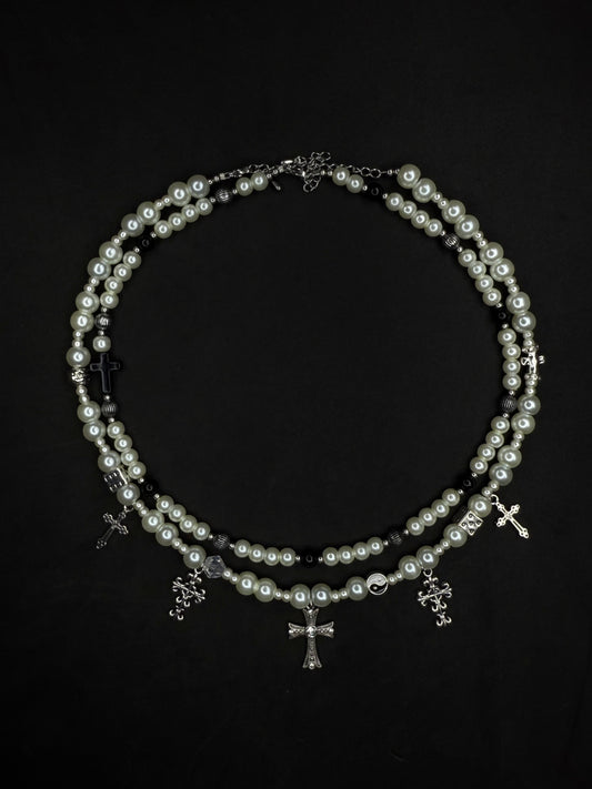 x2 Cross Pendant Pearl Necklaces - White/Black