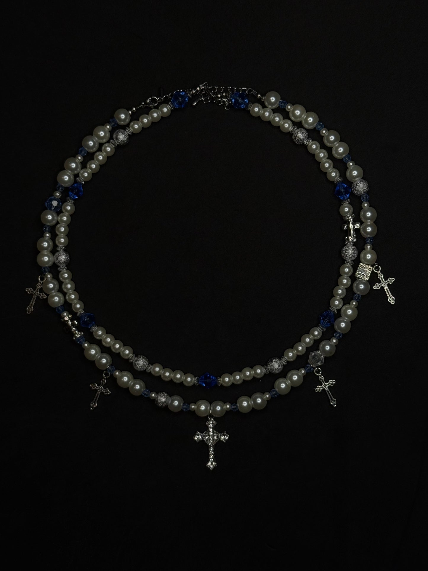 x2 Cross Pendant Pearl Necklaces - White/Blue