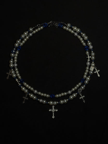 x2 Cross Pendant Pearl Necklaces - White/Blue