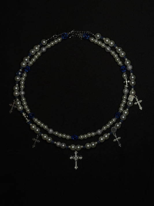 x2 Cross Pendant Pearl Necklaces - White/Blue