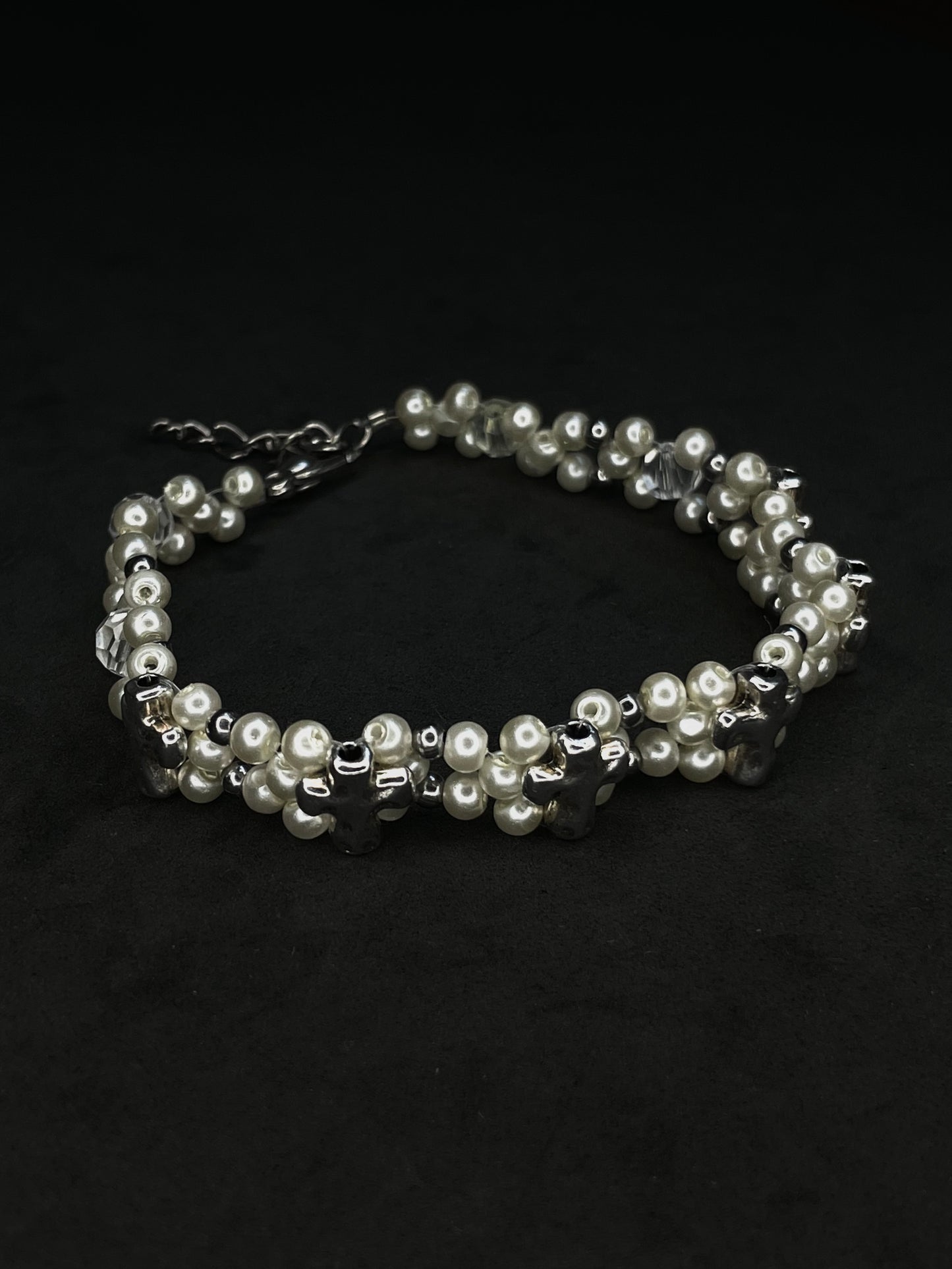 Multi-Bead Cross Bracelet - White/Silver