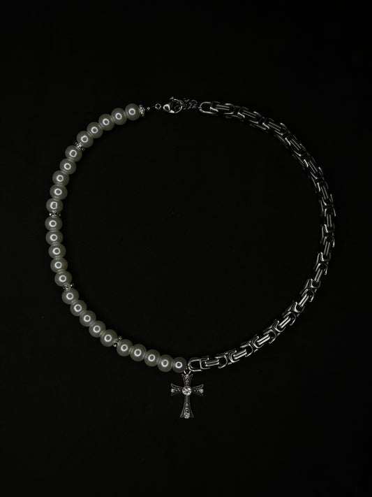 Pearl & Chain Cross Pendant Necklace