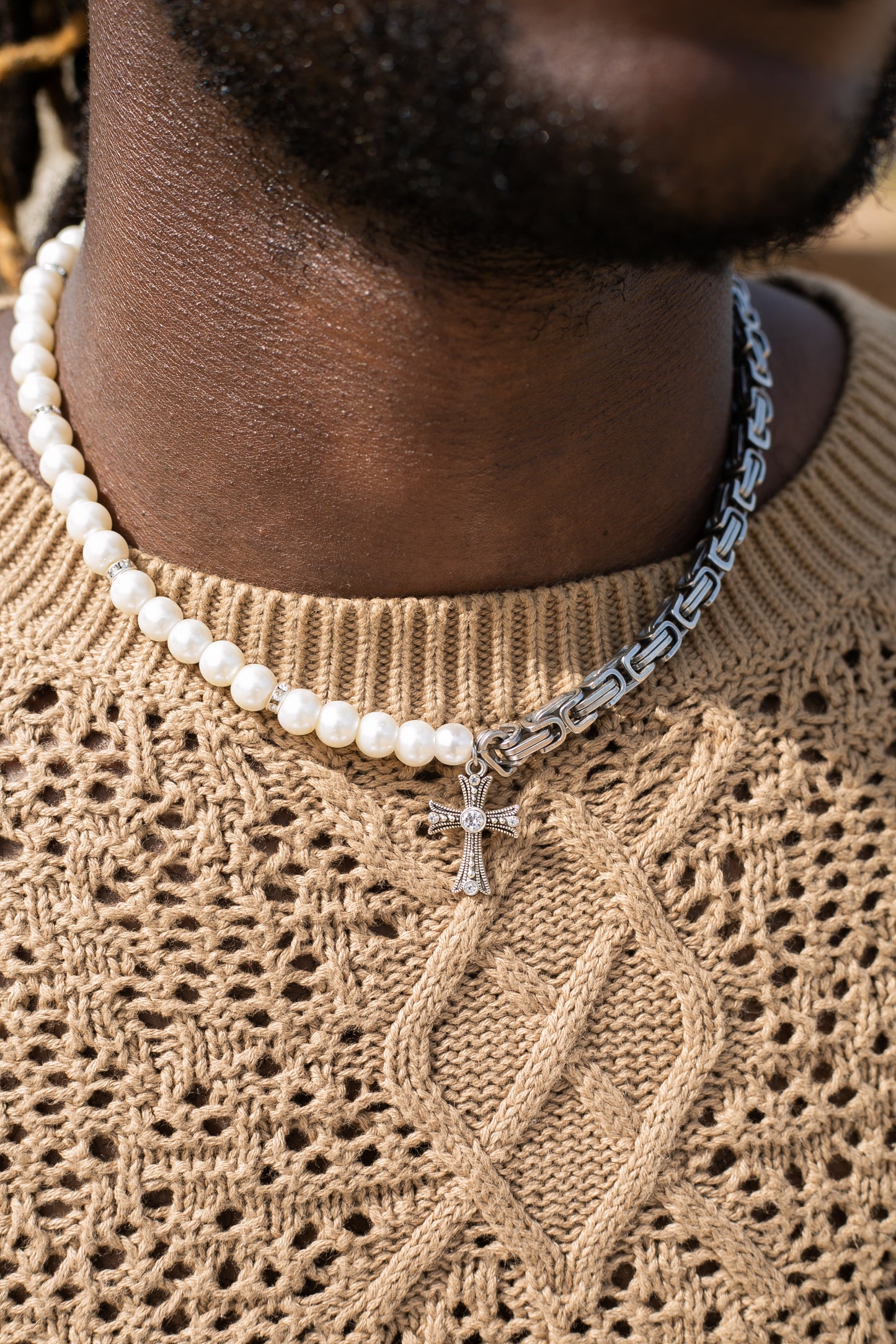 Pearl & Chain Cross Pendant Necklace