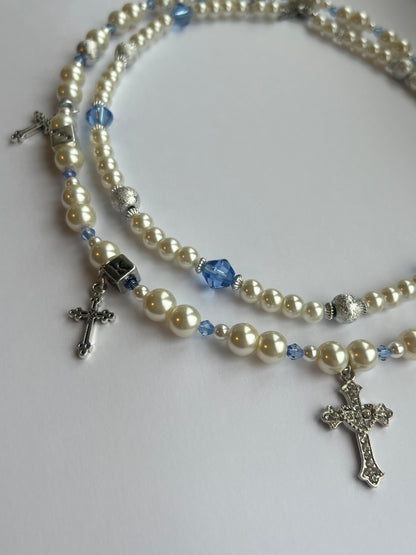 x2 Cross Pendant Pearl Necklaces - White/Blue