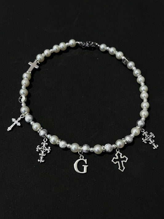 Custom Letter & Cross Pendant Pearl Necklace - White/Silver