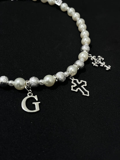 Custom Letter & Cross Pendant Pearl Necklace - White/Silver