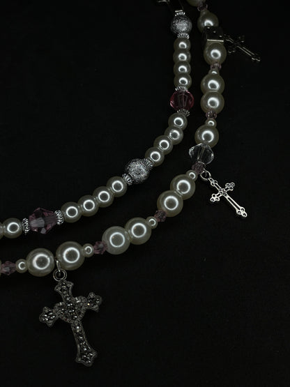 x2 Cross Pendant Pearl Necklaces - White/Pink