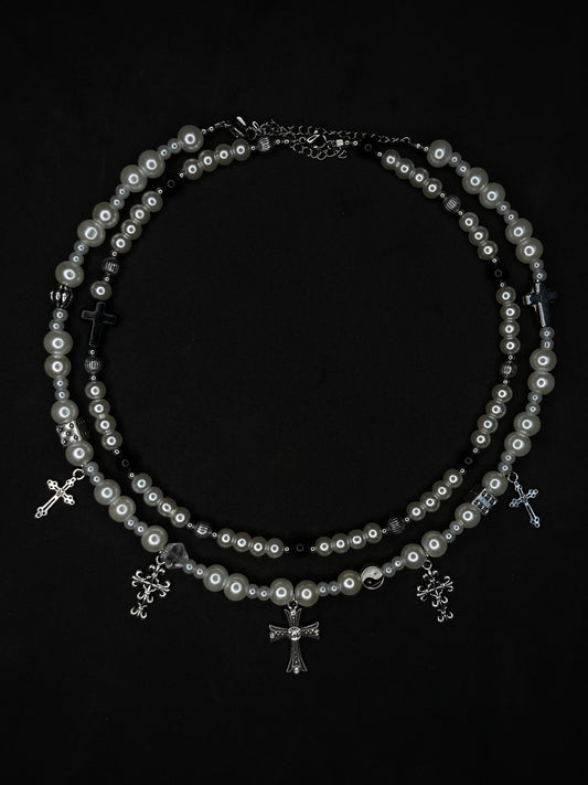 x2 Cross Pendant Pearl Necklaces - White/Black