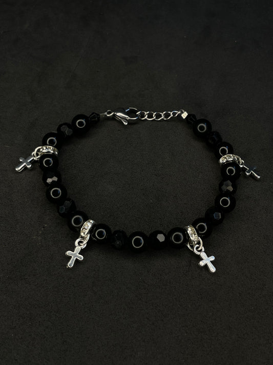 Cross Charms Black Bead Bracelet 2 - Black/Silver