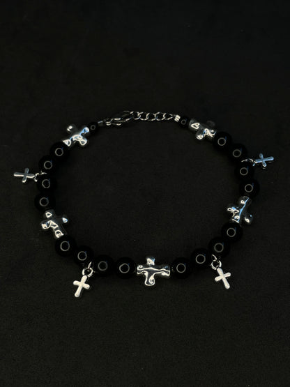 Cross Charms Black Bead Bracelet - Black/Silver