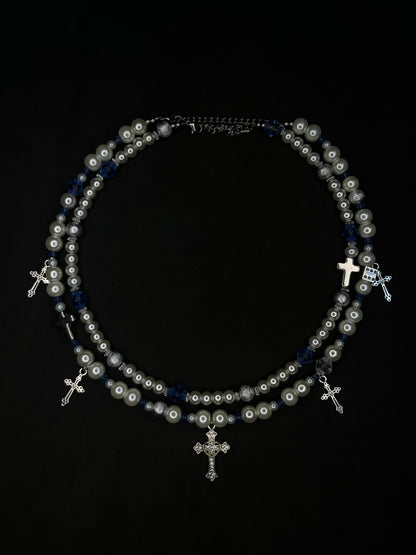 x2 Cross Pendant Pearl Necklaces - White/Blue
