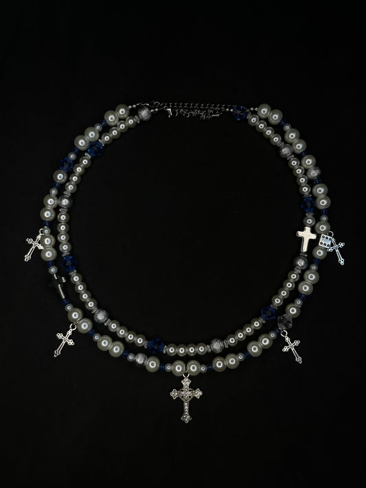 x2 Cross Pendant Pearl Necklaces - White/Blue