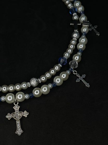 x2 Cross Pendant Pearl Necklaces - White/Blue
