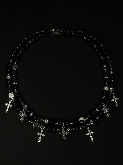 x2 Cross Pendant Black Pearl Necklaces - Black/Silver