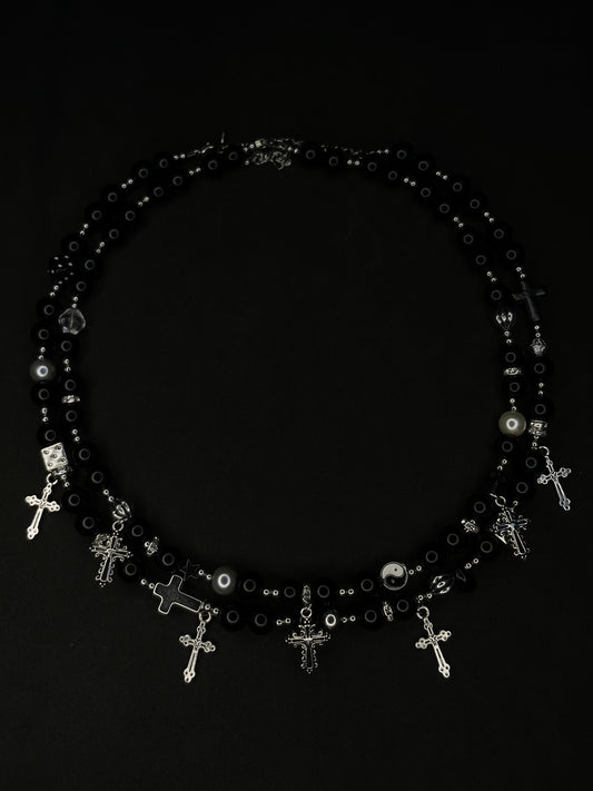 x2 Cross Pendant Black Pearl Necklaces - Black/Silver