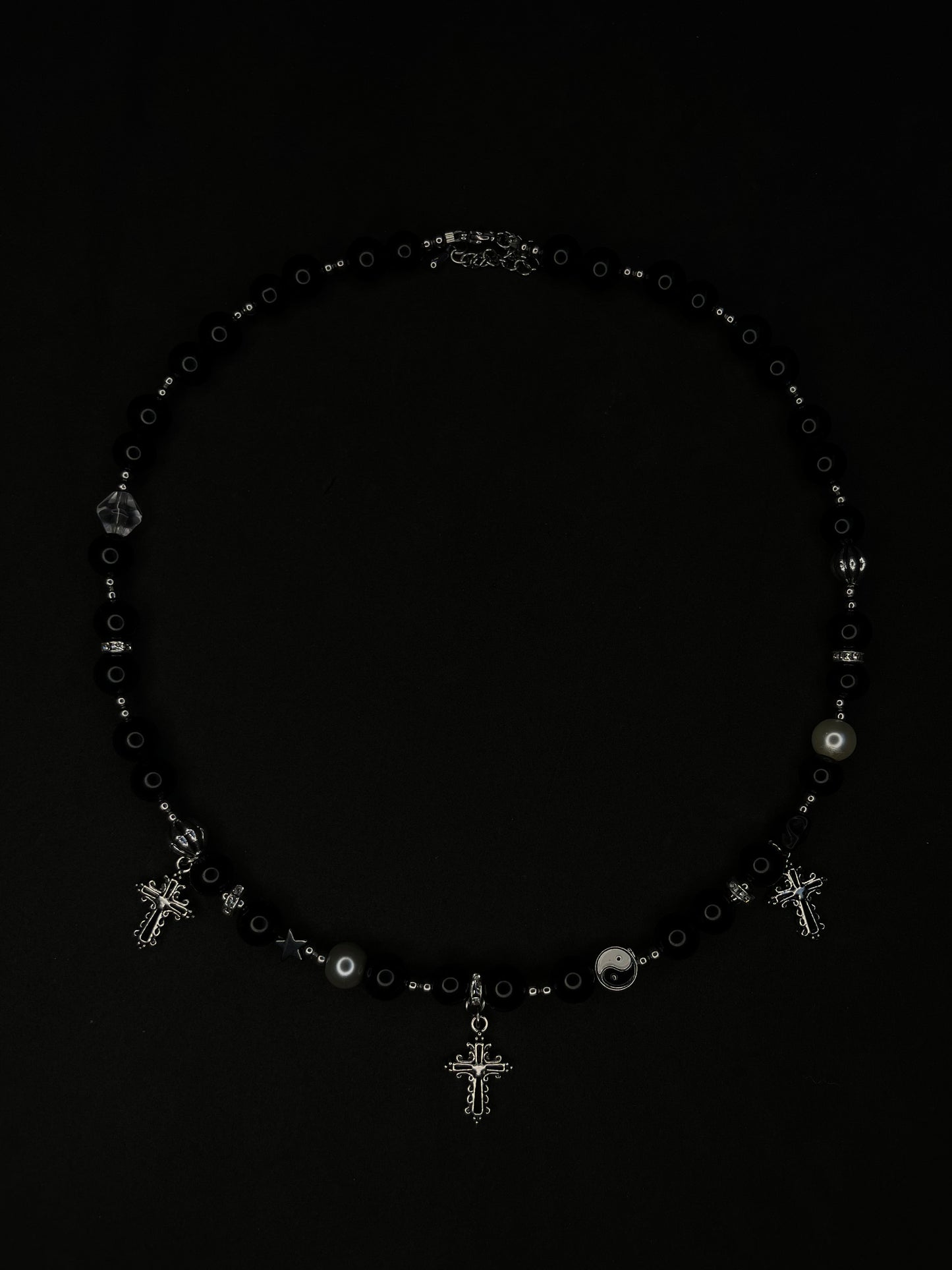 x2 Cross Pendant Black Pearl Necklaces - Black/Silver