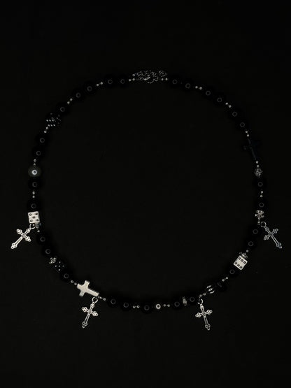 x2 Cross Pendant Black Pearl Necklaces - Black/Silver