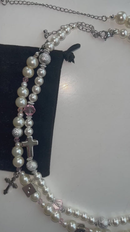 x2 Cross Pendant Pearl Necklaces - White/Pink
